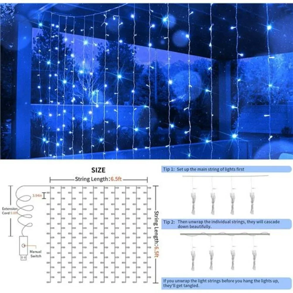 Blue Curtain Fairy String Lights 200 LED USB Remote Wedding Wall Bedroom Decor